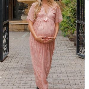 Light Pink Lace Mesh Overlay Maternity Maxi Dress